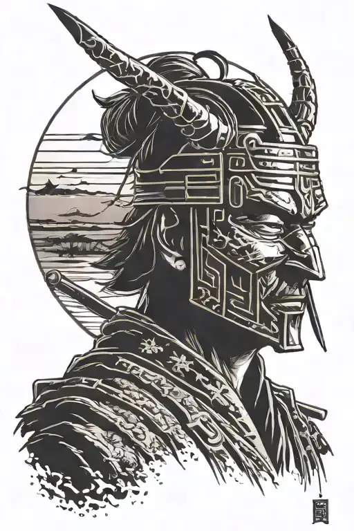 Contemplative Ronin Wearing A Traditional Japanese Mask Head Bowed With A Setting Sun Silohuette