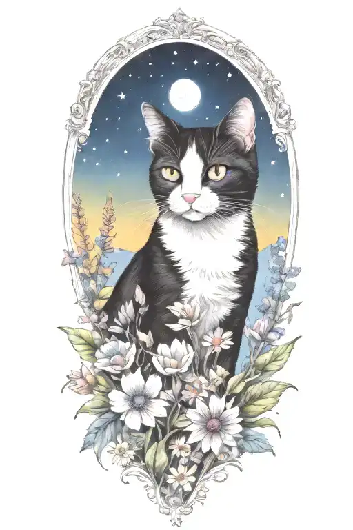 A Black And White Cat Exploring A Field Of Colorful Flowers Under A Starry Night Sky