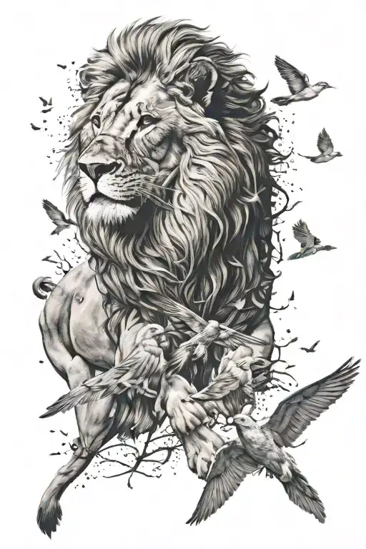 Lion With Birds Flying Away