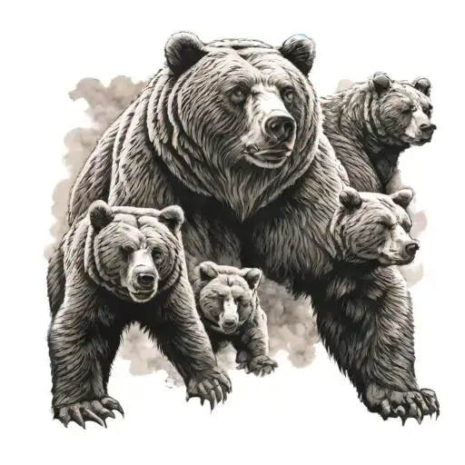 A Bear With A Grin Guards His Mother And Three Cubs Against The Backdrop Of War