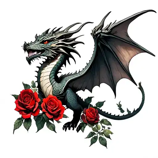 Sketch Of A Scandinavian Dragon Tattoo With Red Lush Roses And Outstretched Wings