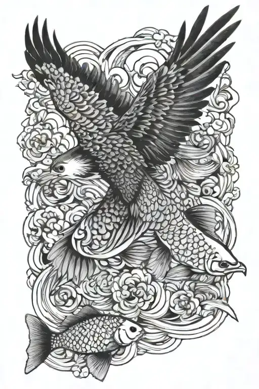 I Want A Neck To Upper Arm Tattoo Featuring A Black Hawk Picking Up 2 Koi Fish