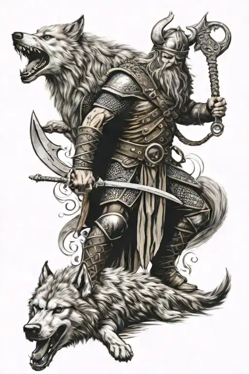 Viking Warrior With Fenrir Viking Norse Wolf