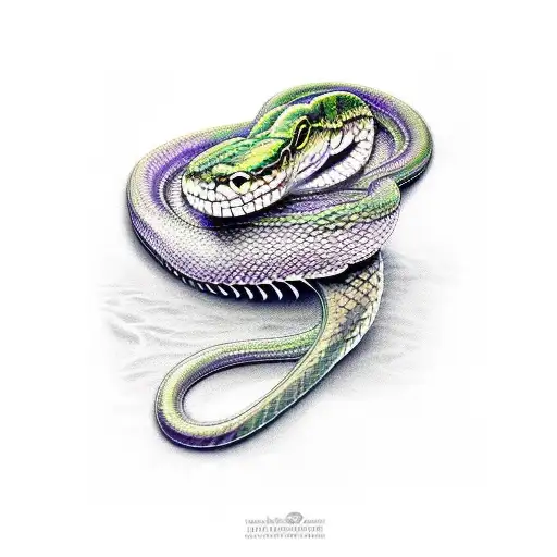 A Realistic Portrait Of A Snake With Intricate Patterns In Shades Of Green And Purple