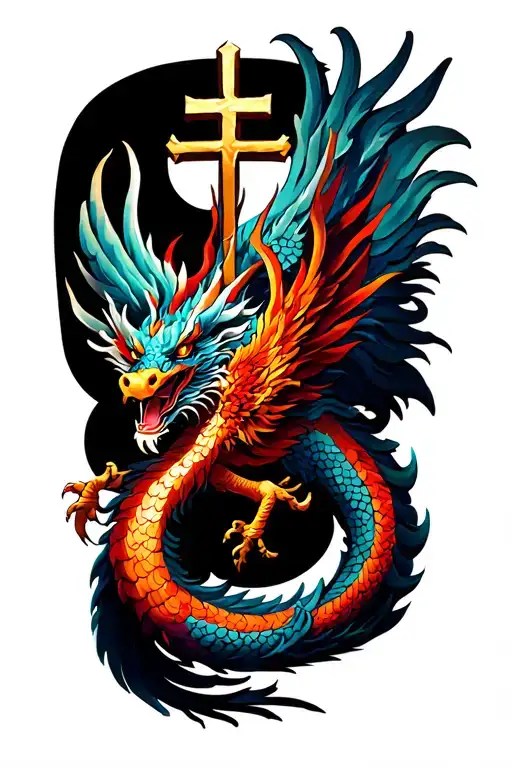 Chinese Dragon With A Cross Wrapped And A Phoenix