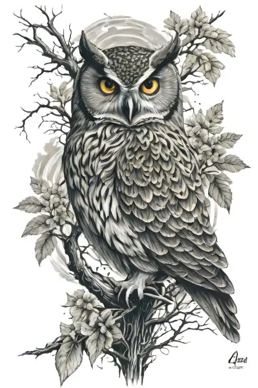 Owl In Natural Elements Like Trees And Water Waves