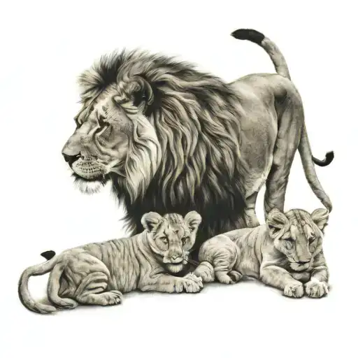 Lion And 3 Lion Cubs
