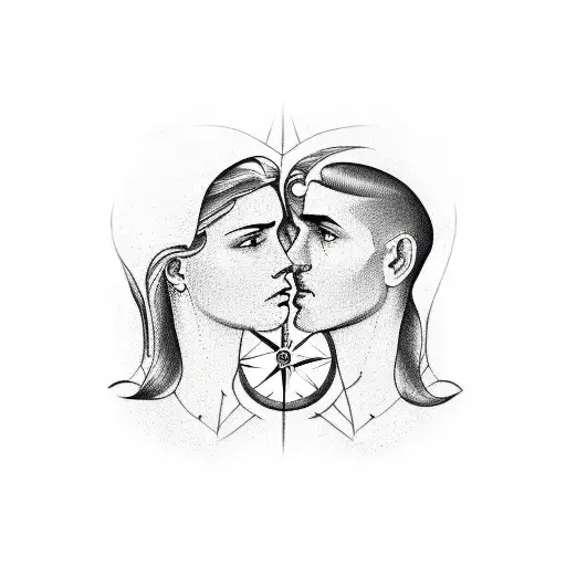 A Compass And Waves Below Two Lovers Heads Man And Woman Facing Eachother Seen From Profile