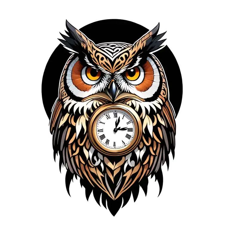 Fierce Owl With Clock On Shoulder Tribal Design Inspired