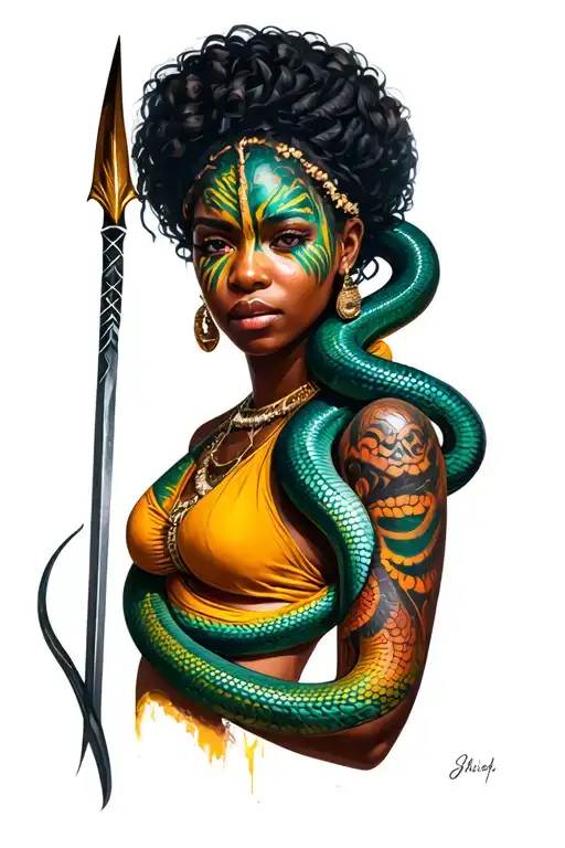 African Woman War Paint With Cobra Around Arm Spear