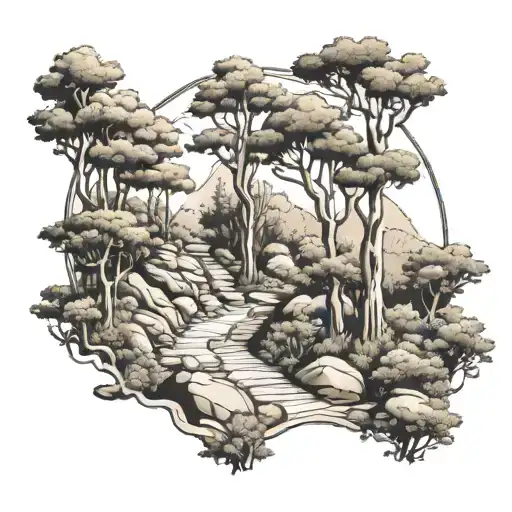 A Hiking Trail Winding Through A Forest With Greek Mythology Figures Hidden In The Trees