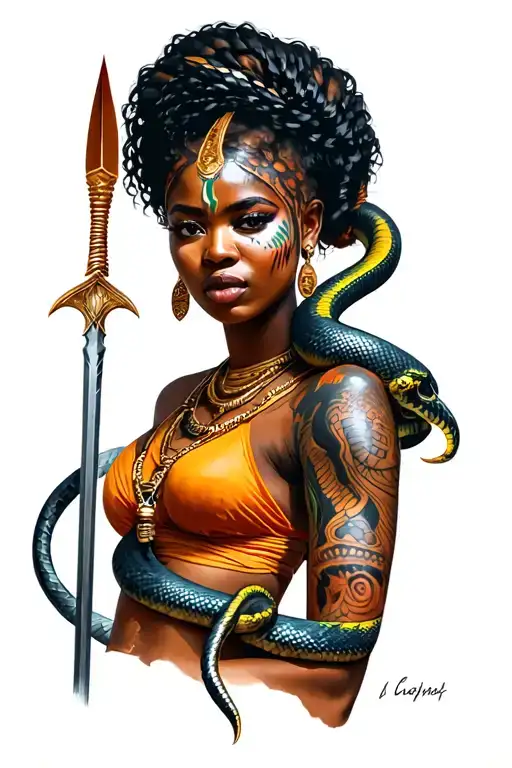 African Woman War Paint With Cobra Around Arm Spear