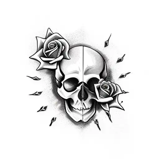 Slightly Deteriorating Skull With Sword Through Top Of Skull And Rose Growing Out Of One Eye Socket