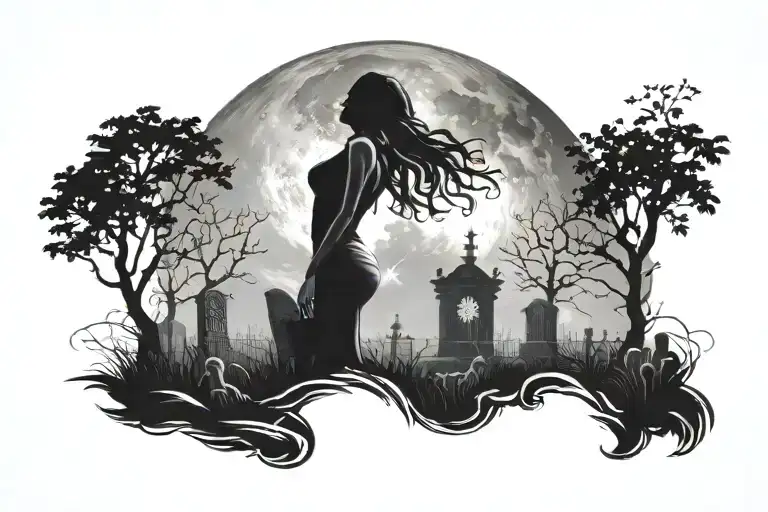 Silhouette Of A Girl In A Cemetery Against The Backdrop Of The Moon