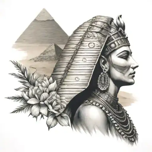 Cleopatra In Profile With Flowers And The Desert With Pyramids In The Background