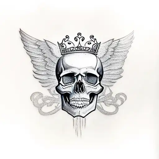 Skull Wearing A Crown With Wings Around It