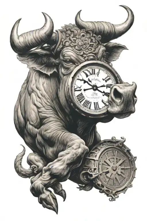 Bull With Full Moon In The Back And A Big Clock With Libra Scale In It