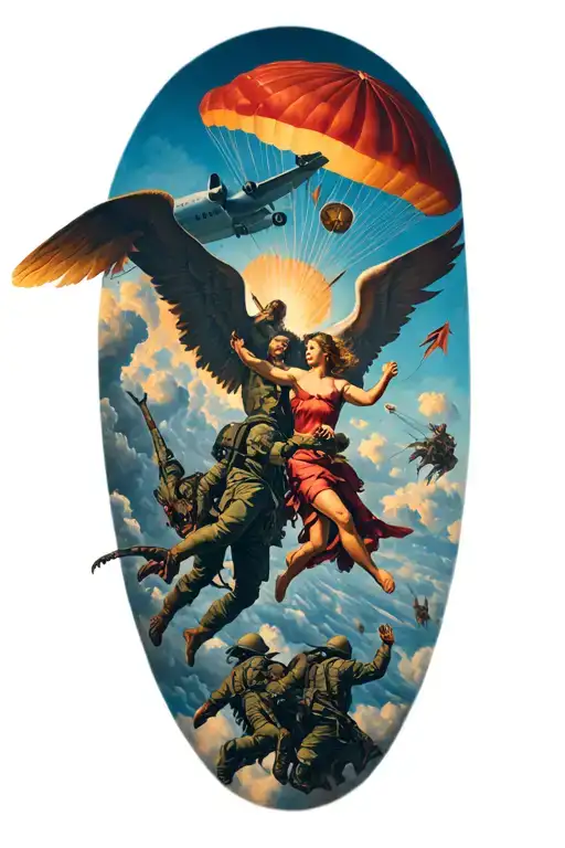 St Michael And St Barbara Fighting Demons With Paratroopers Jumping Out Of C-130's
