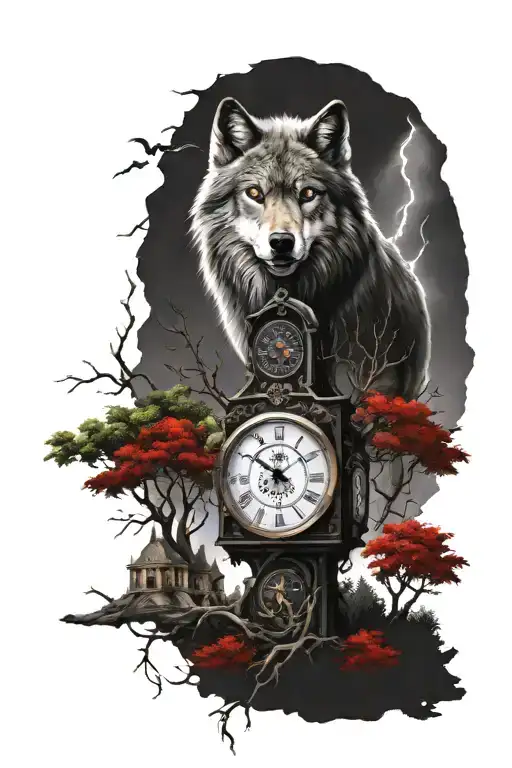 Poison Tree With Roman Numeral Clock Tower With Lightnings And A Wolf With Red Eyes