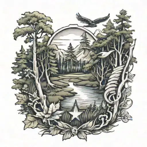 A Military Insignia Surrounded By A Lush Forest Landscape