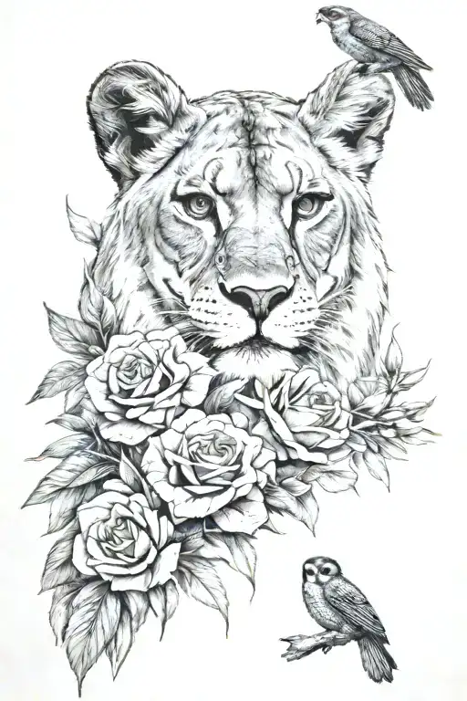Lioness And Owl With Flowers In The Background