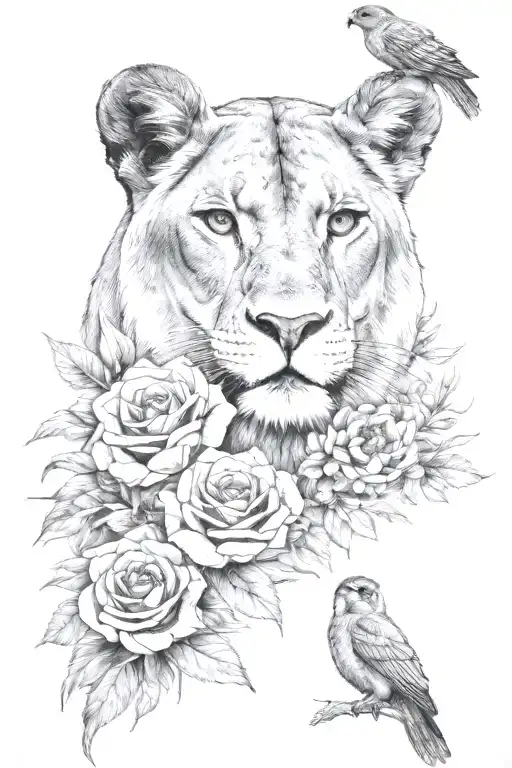 Lioness And Owl With Flowers In The Background