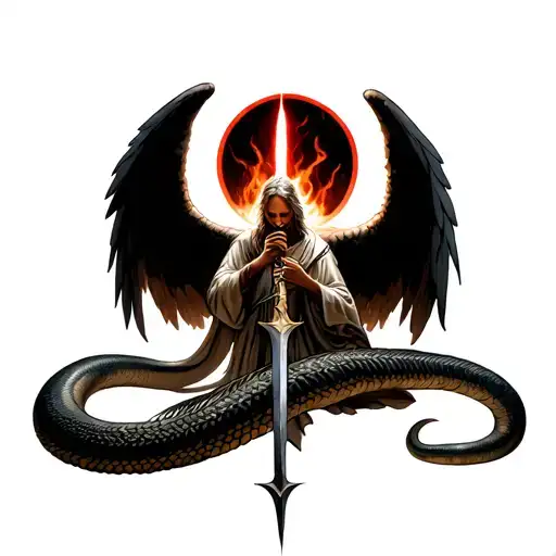 Biblically Accurate Angel Of War Looking Down With Weapons Stabbing A Large Serpent