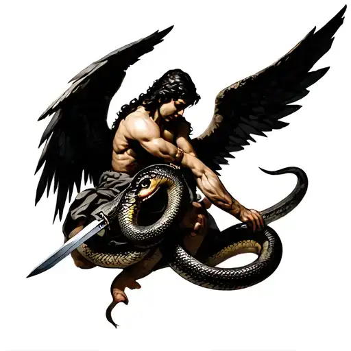 Black Biblically Accurate Angel Of War Looking Down With Weapons Stabbing A Large Serpent