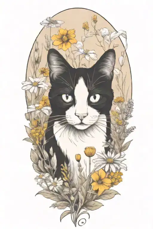 A Black And White Cat Exploring A Field Of Wildflowers