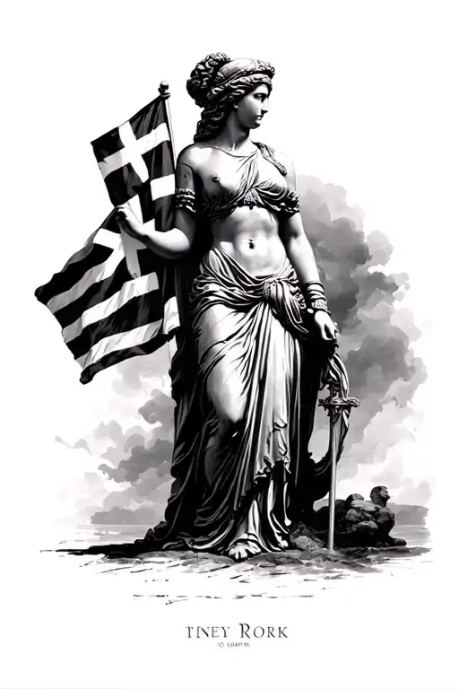 Athena Greek Goddess Carrying Greek Flag On Coming To New York Black And White