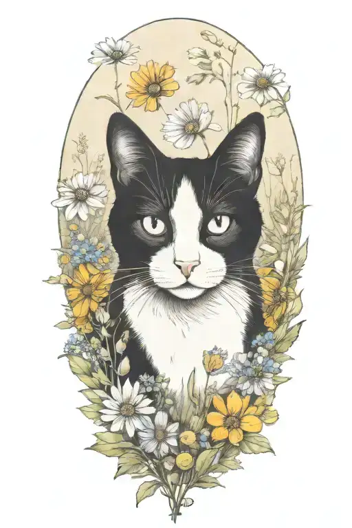 A Black And White Cat Exploring A Field Of Colorful Wildflowers