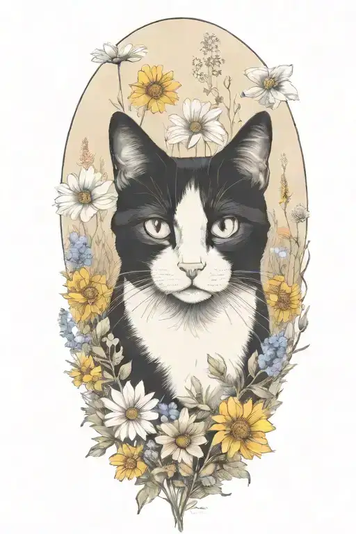 A Black And White Cat Exploring A Field Of Colorful Wildflowers