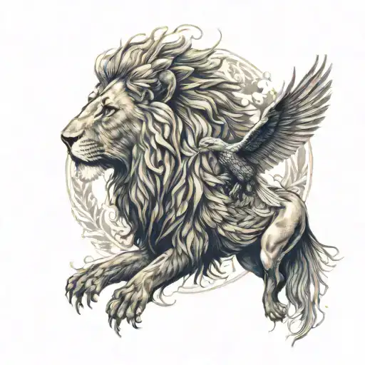 A Pheonix Flying Behind A Lion