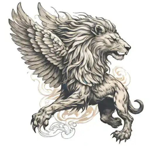 A Pheonix Flying Behind A Lion