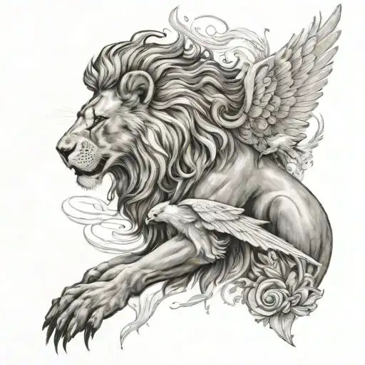 A Pheonix Flying Behind A Lion