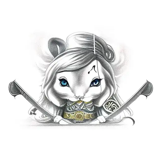 One Eyed Asian Alice In Wonderland Holding A Katana Sword And A Dirty Stuffed White Rabbit