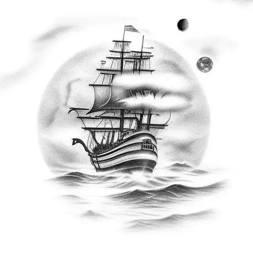 Pirate Ship With Fog And Moon Behind It