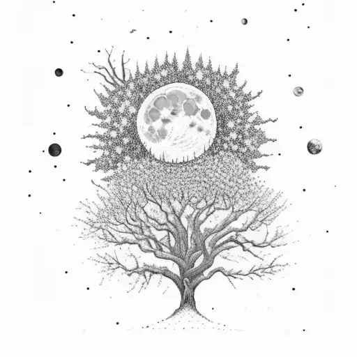 A Man Sitting Up Against A Tree Looking Up At The Full Moon In A Clear Night Sky Full Of Stars