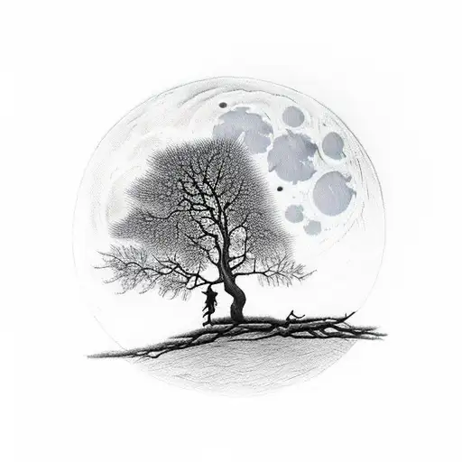 Tree In Front Of Full Moon With A Man Laying On Tree Branch Looking At The Moon