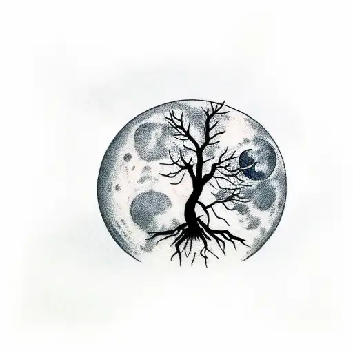 Tree In Front Of Full Moon With A Man Laying On Tree Branch Looking At The Moon