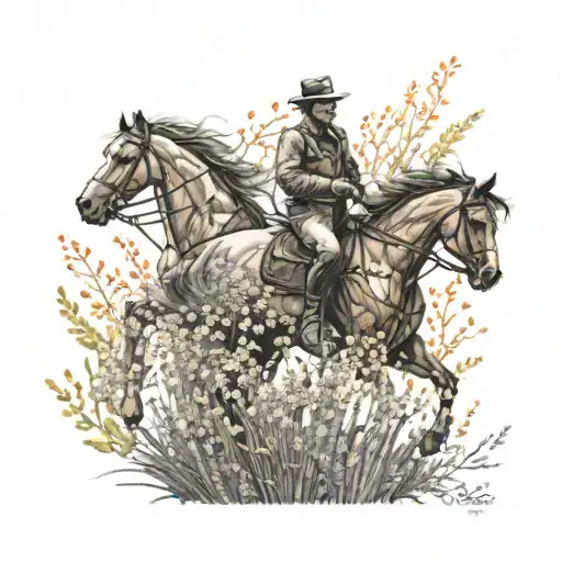 Father And Son Riding On A Majestic Horse Through A Field Of Wildflowers