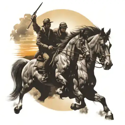 Father And Son Riding On A Majestic Horse Into The Sunset