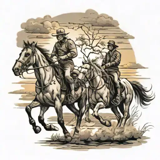 Father And Son Riding Off On Horse Into The Sunset