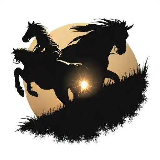 Father And Son Riding Away On Horse Into The Sunset