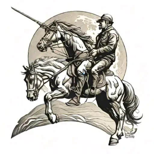 Father And Son Riding Away On Horse Into The Moon