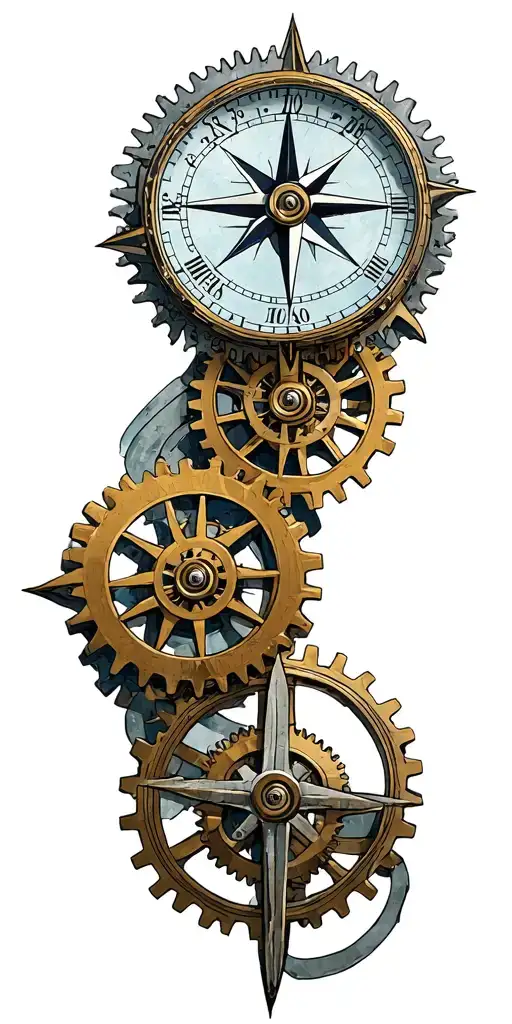 Compass Rose And A Clock Mechanism Intertwined With Gears