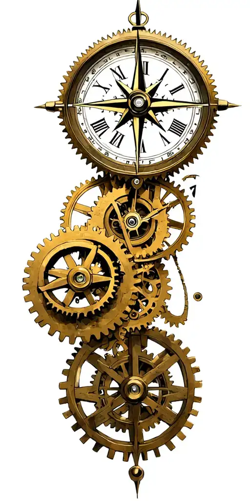 Compass Rose And A Clock Mechanism Intertwined With Gears