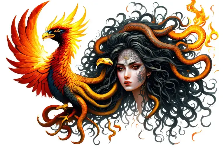 Medusa Head With Snake Hair And Some Of Her Snake Hair Breathing Fire Onto A Phoenix