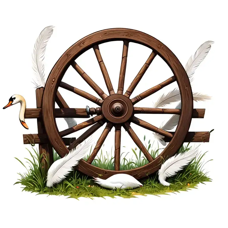 Wagon Wheel Leaning Against A Fence With Swan Feathers Around It