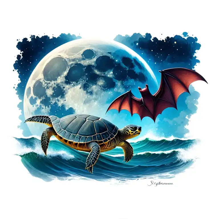 Bat & Turtle Ocean Night Cresecent Moon